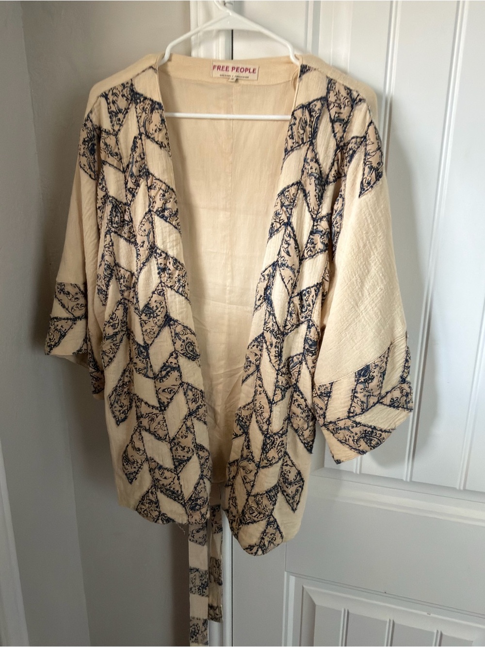 Free People Cream Kimono with Navy Pattern
